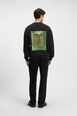 Cotton-terry sweatshirt with maze artwork, Black