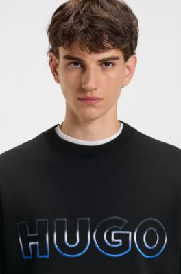 Cotton-terry sweatshirt with ombr&eacute; logo embroidery, Black