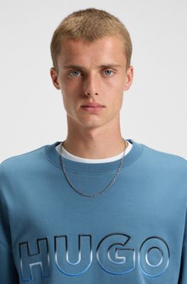 Cotton-terry sweatshirt with ombr&eacute; logo embroidery, Blue