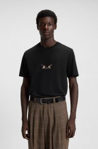 T-Shirt aus Baumwoll-Jersey mit gesticktem Logo-Artwork, Schwarz