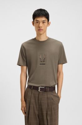 Cotton-jersey T-shirt with embroidered logo artwork, Grey