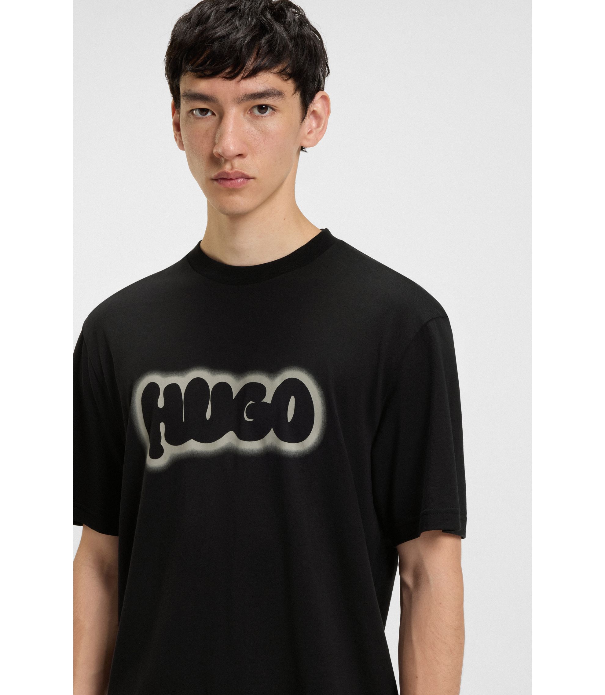 HUGO - Cotton-jersey T-shirt with logo print - Black