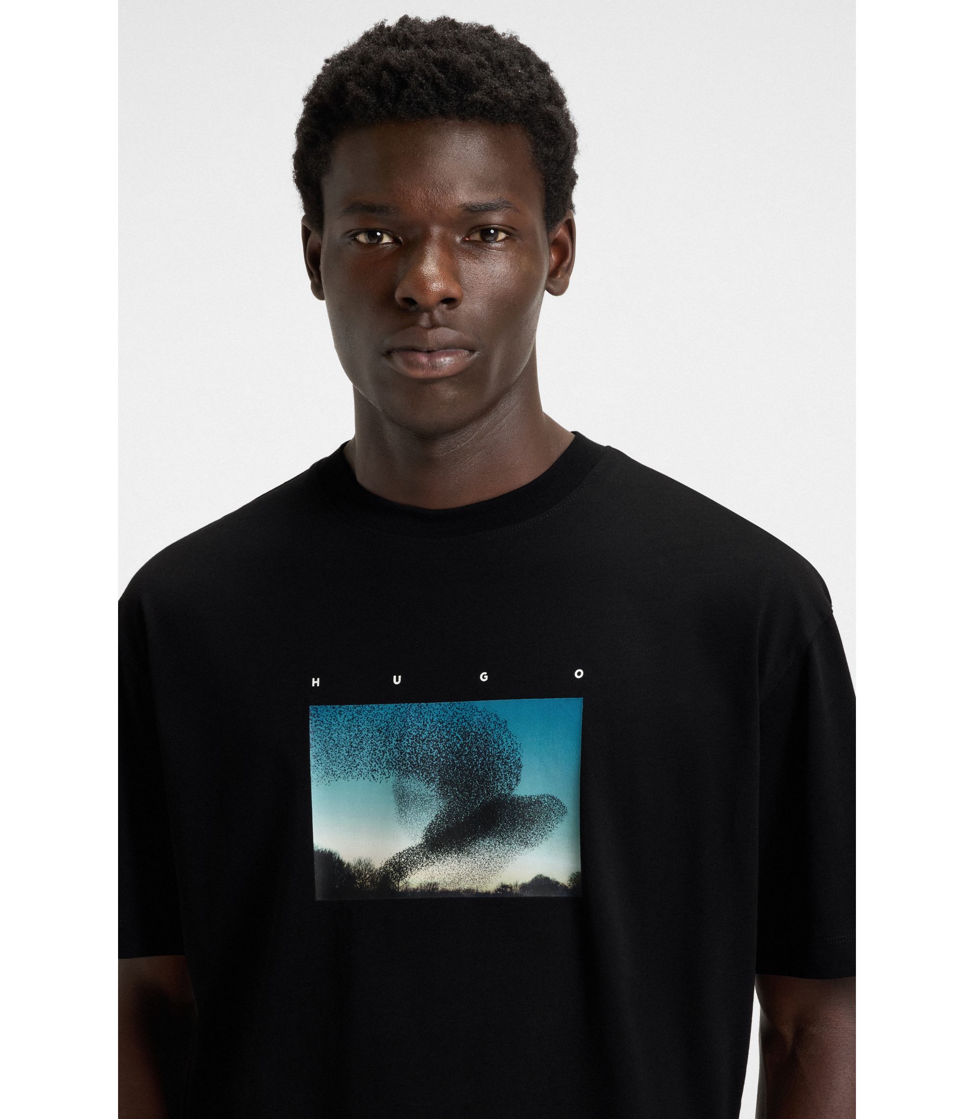 HUGO - Cotton-jersey T-shirt with murmuration print - Black
