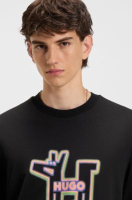 All-gender cotton-jersey T-shirt with graphic print, Black