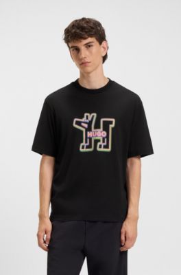 All-gender cotton-jersey T-shirt with graphic print, Black