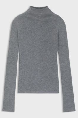 Mock-neck sweater in merino wool with mixed ribbing, Light Grey