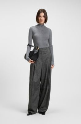 Mock-neck sweater in ribbed merino wool, Light Grey