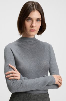 Mock-neck sweater in ribbed merino wool, Light Grey
