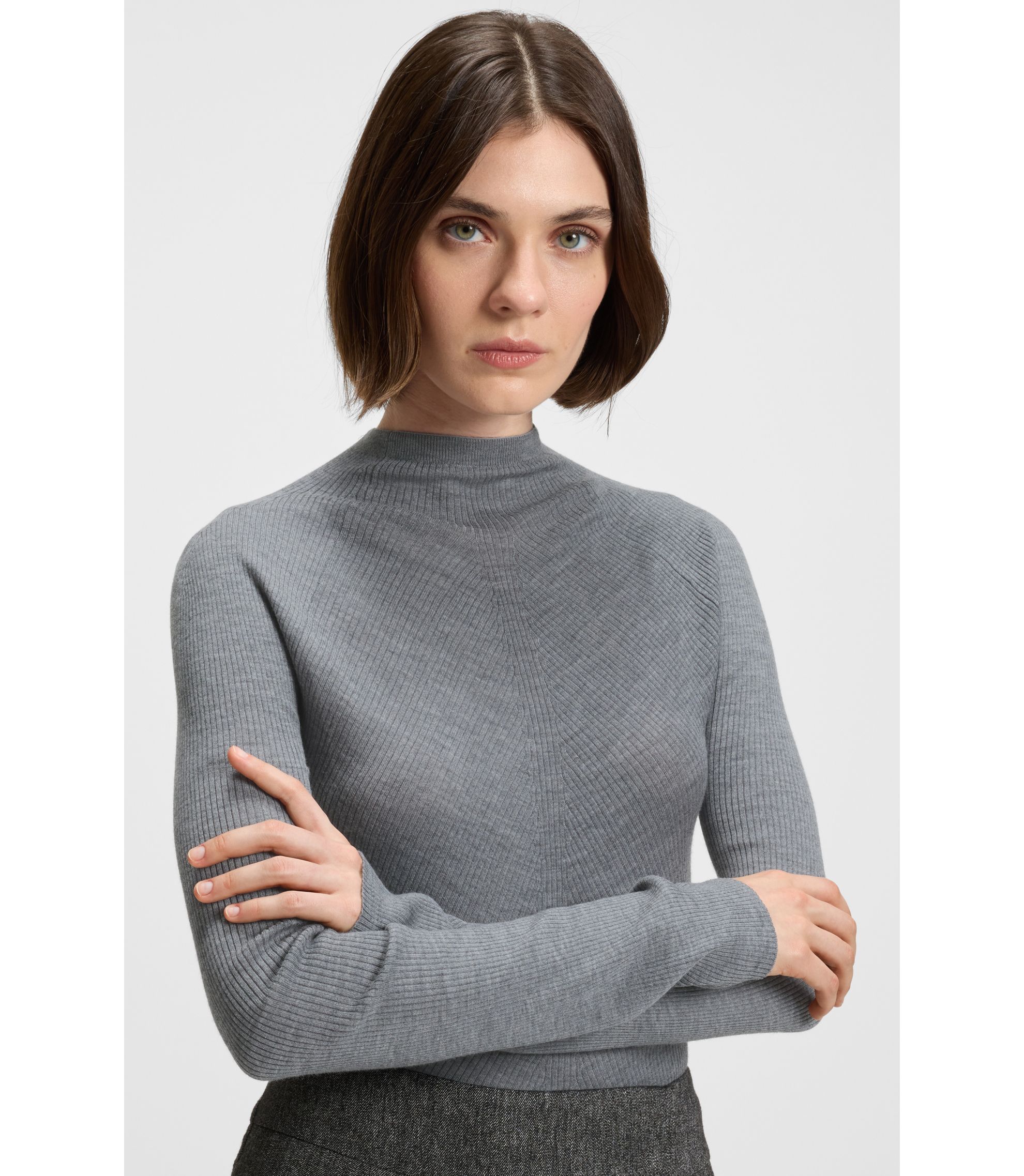 BOSS - Mock-neck sweater in merino wool with mixed ribbing - Light