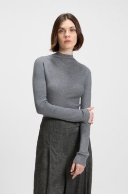 Mock-neck sweater in merino wool with mixed ribbing, Light Grey