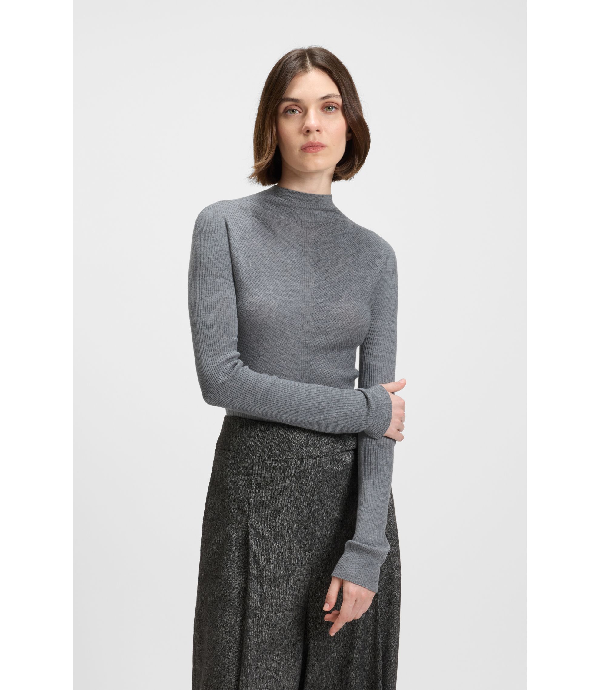 BOSS - Mock-neck sweater in merino wool with mixed ribbing - Light