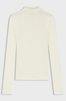 Mock-neck sweater in merino wool with mixed ribbing, Natural
