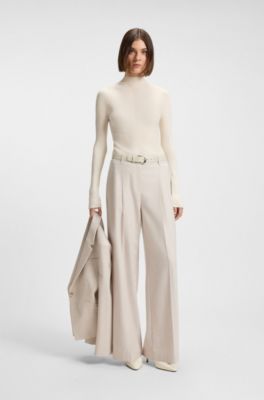 Mock-neck sweater in merino wool with mixed ribbing, Natural