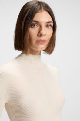 Mock-neck sweater in merino wool with mixed ribbing, Natural
