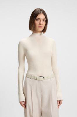 Mock-neck sweater in merino wool with mixed ribbing, Natural
