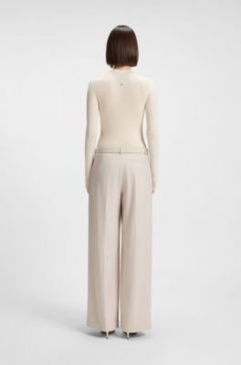 Mock-neck sweater in merino wool with mixed ribbing, Natural