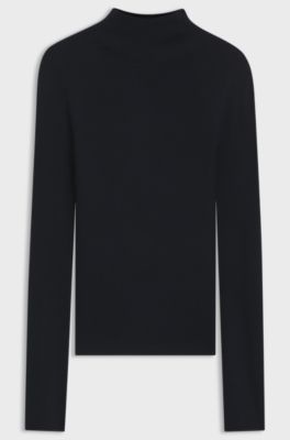 Maglione a lupetto in lana merino a coste, Blu scuro
