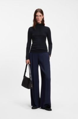 Maglione a lupetto in lana merino a coste, Blu scuro