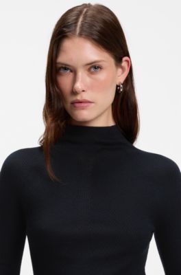 Maglione a lupetto in lana merino a coste, Blu scuro