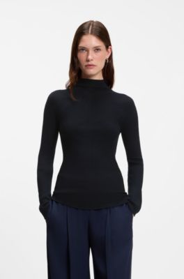 Maglione a lupetto in lana merino a coste, Blu scuro
