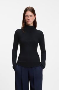 Maglione a lupetto in lana merino a coste, Blu scuro