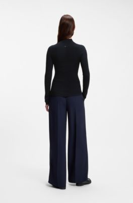 Maglione a lupetto in lana merino a coste, Blu scuro
