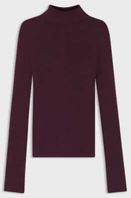 Mock-neck sweater in ribbed merino wool, Bordeaux