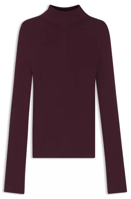 Mock-neck sweater in merino wool with mixed ribbing