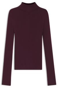 Mock-neck sweater in merino wool with mixed ribbing, Dark Purple
