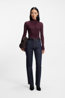 Mock-neck sweater in ribbed merino wool, Bordeaux