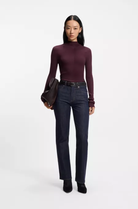 Mock-neck sweater in merino wool with mixed ribbing