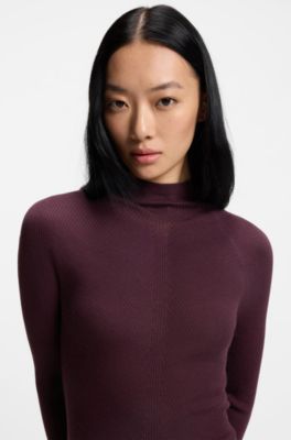 Mock-neck sweater in merino wool with mixed ribbing, Bordeaux
