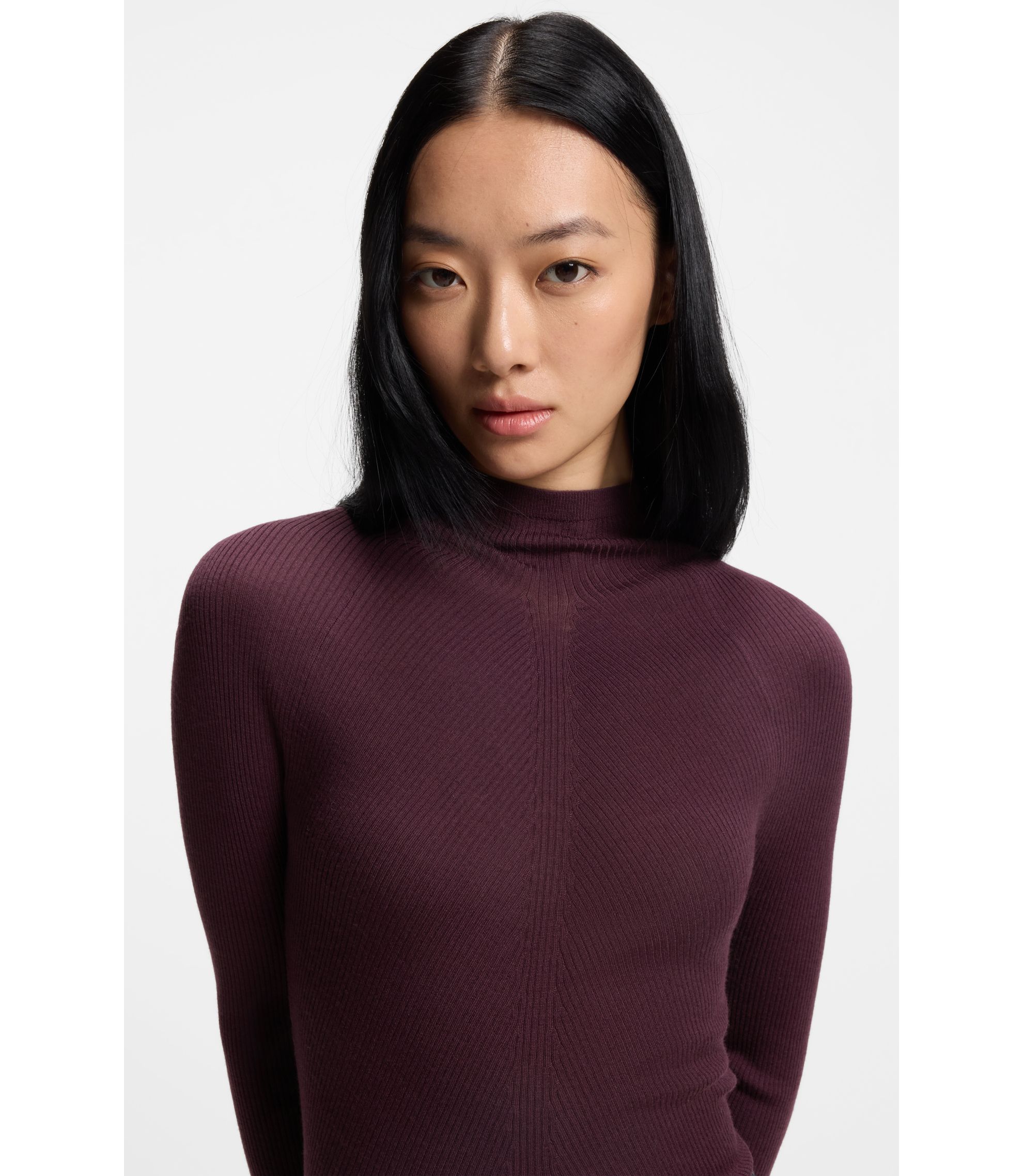 BOSS - Mock-neck sweater in merino wool with mixed ribbing