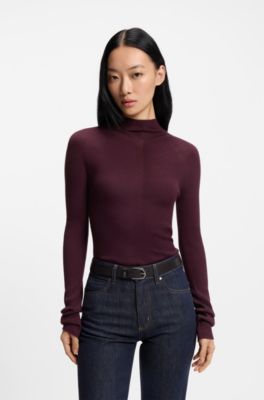 Mock-neck sweater in merino wool with mixed ribbing, Bordeaux