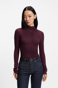Pull en laine mérinos à col montant et côtes mélangées, Rouge sombre