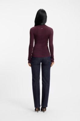 Mock-neck sweater in ribbed merino wool, Bordeaux