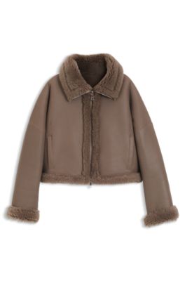 Nappalan-leather jacket with shearling trim, Brown