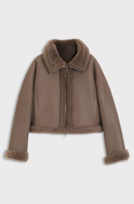 Nappalan-leather jacket with shearling trim, Brown