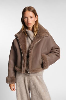 Nappalan-leather jacket with shearling trim, Brown