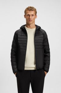 Water-repellent hooded jacket with decorative reflective details, Black