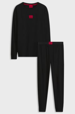 Gift-boxed pyjama set in stretch cotton with logos, Black