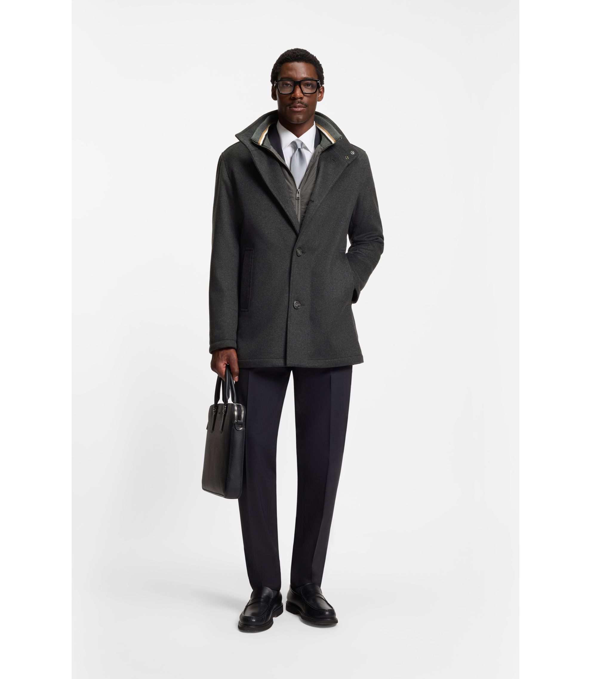 BOSS - リラックスフィット ショートコート ウール/カシミア - グレー