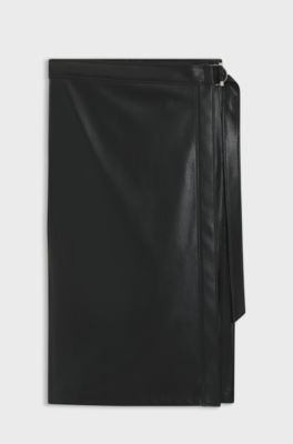 Faux-leather skirt with wrap front, Black