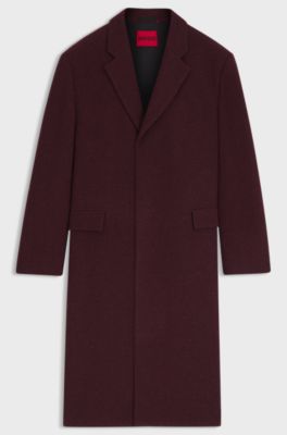 Regular-fit long-length coat in tweed, Dark Red