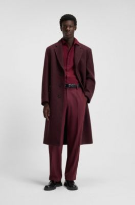 Regular-fit long-length coat in tweed, Dark Red