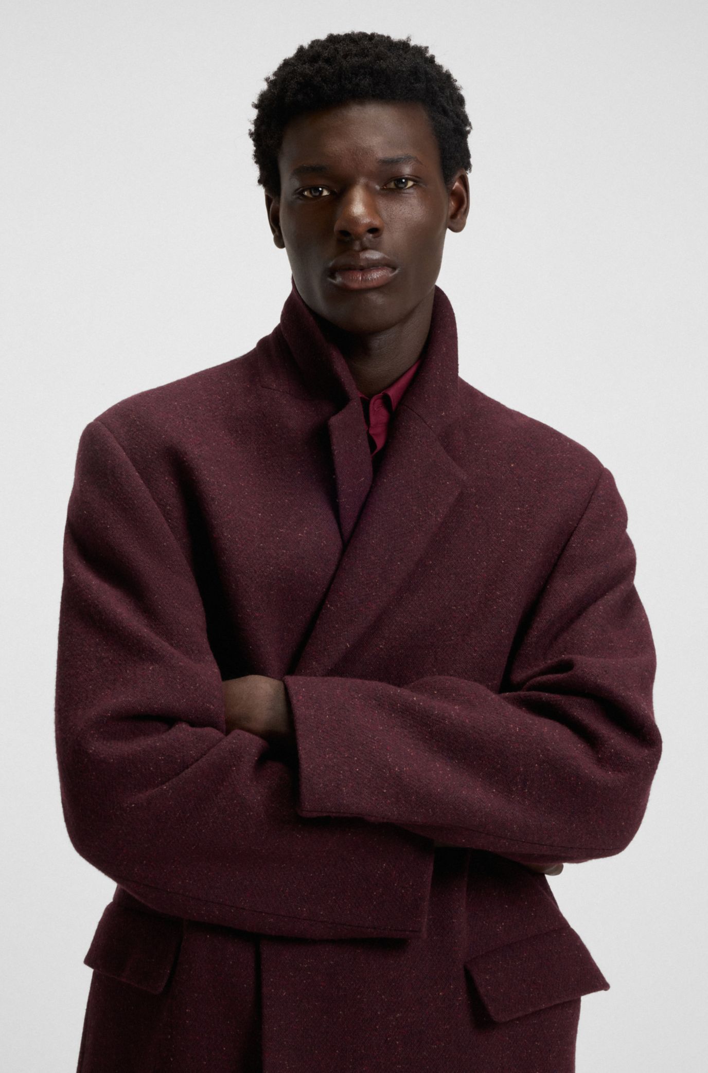 HUGO - レギュラーフィット ロングコート ツイード - ダークレッド