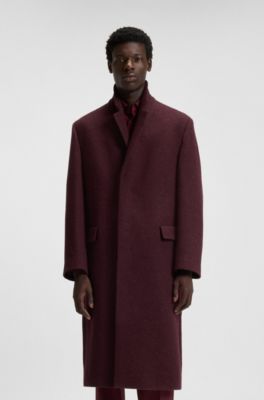 Regular-fit long-length coat in tweed, Dark Red
