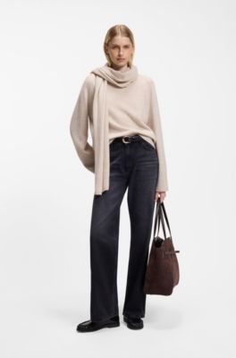Cashmere scarf with metallic logo trim, Light Beige