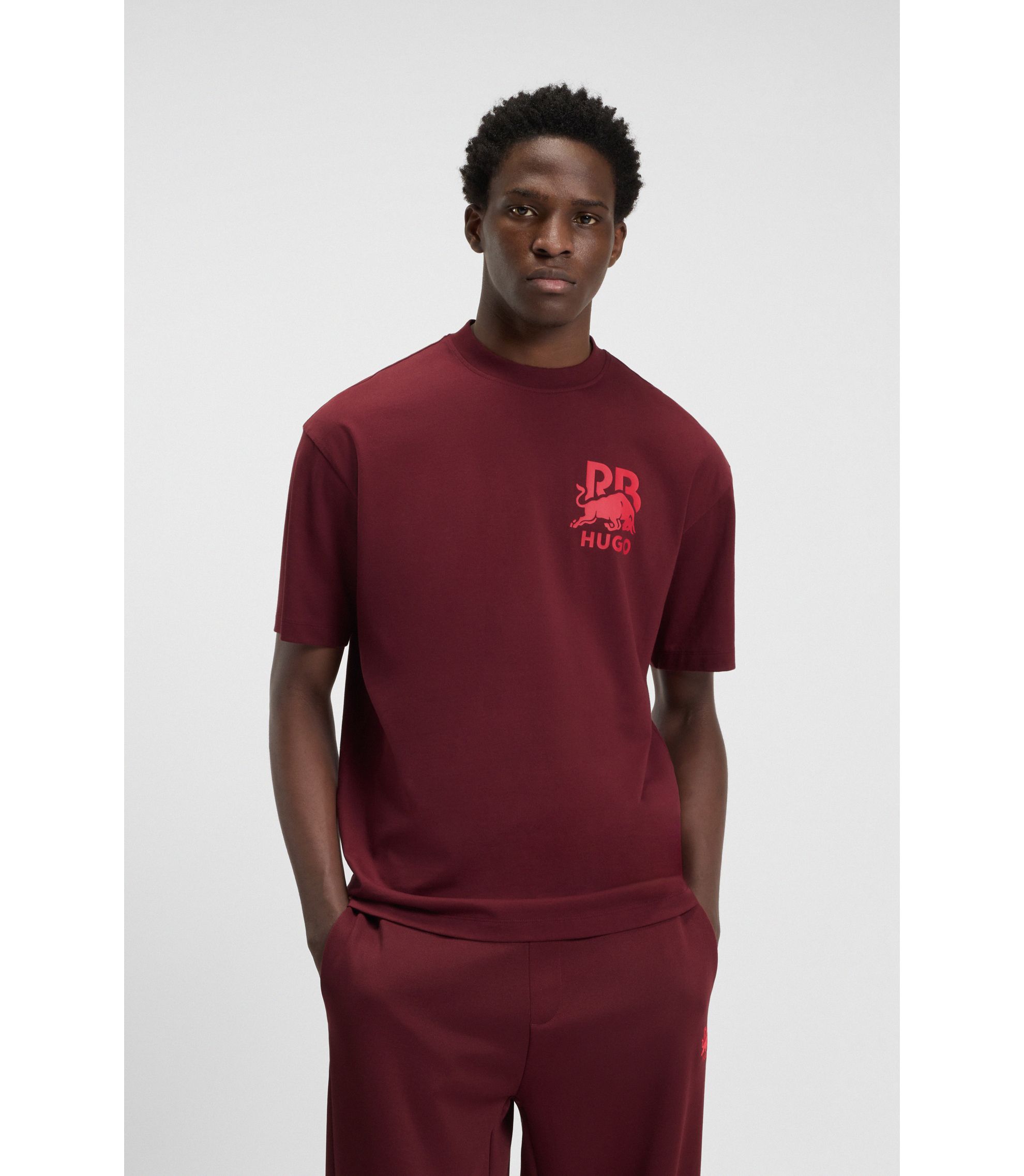 HUGO - HUGO x RB cotton T-shirt with bull-graphic logo - Dark Red
