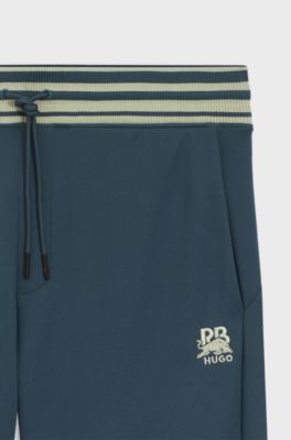 HUGO x RB oversized-fit tracksuit bottoms with striped waistband, Dark Blue